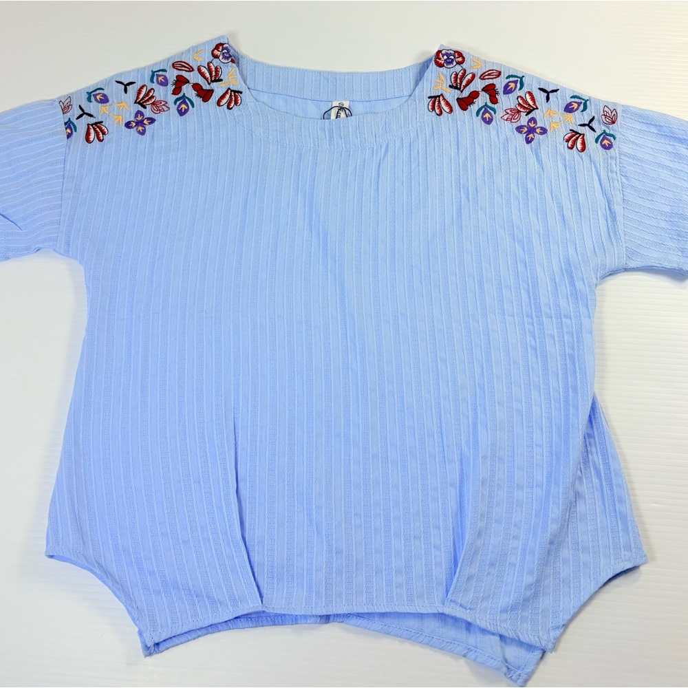 Embroidered Flower Shoulder Top Blue Ribbed Short Sleeve Boho Blouse Soft Girl - Picture 9 of 9